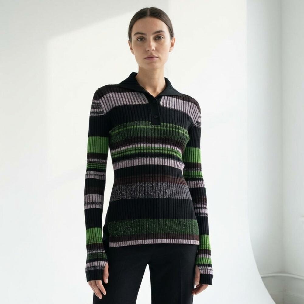 Ganni Button-Front Striped Ribbed-Knit Polo Long Sweater, size XS